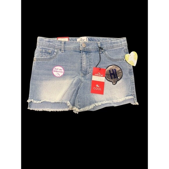 NWT Jordache Flip Sequin “Hi/Bye” Girls Sequin Denim Shorts Lightwash Waist 16 - Picture 1 of 7